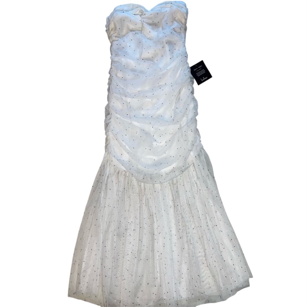 Lulus Sparkling Babe White Mesh Rhinestone Ruched Strapless Midi Dress - Picture 4 of 11